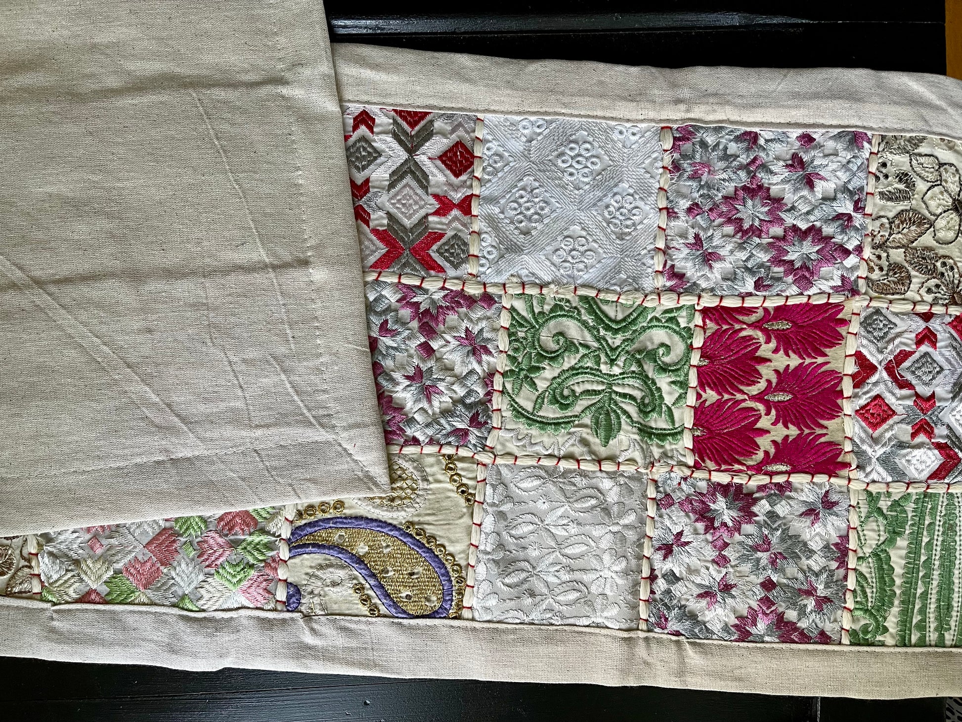 Handwoven Kutchi Khambhadia work table runners, featuring vibrant patchwork and intricate embroidery, adding a touch of traditional Indian craftsmanship to your table.