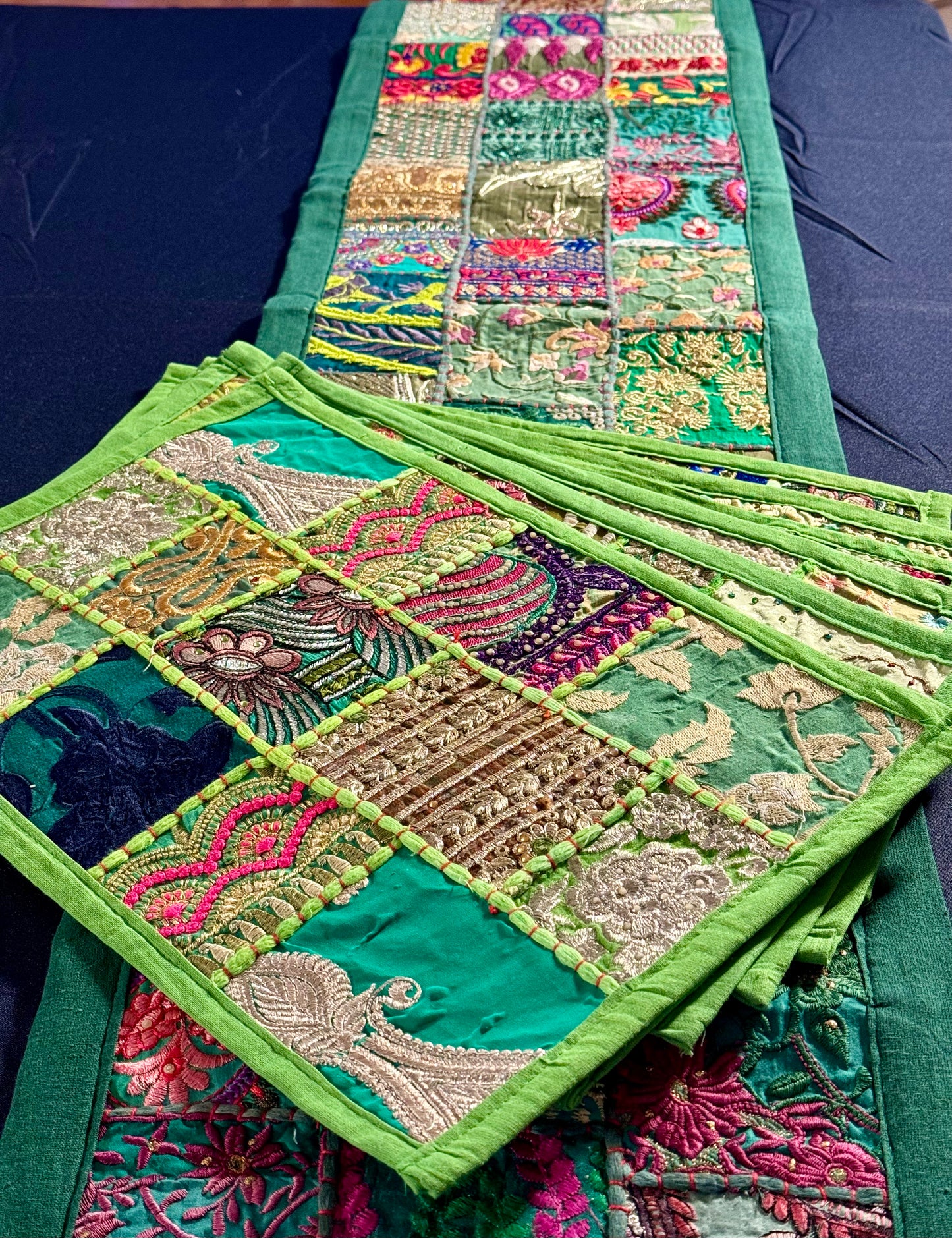 Handwoven Kutchi Khambhadia work table runners, featuring vibrant patchwork and intricate embroidery, adding a touch of traditional Indian craftsmanship to your table.