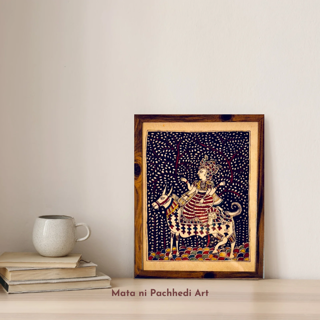 Vibrant Mata ni Pachhedi art collection, featuring intricate hand-painted designs inspired by Gujarat’s traditional folk art. Each piece showcases rich colors and spiritual motifs, reflecting cultural heritage and devotion.