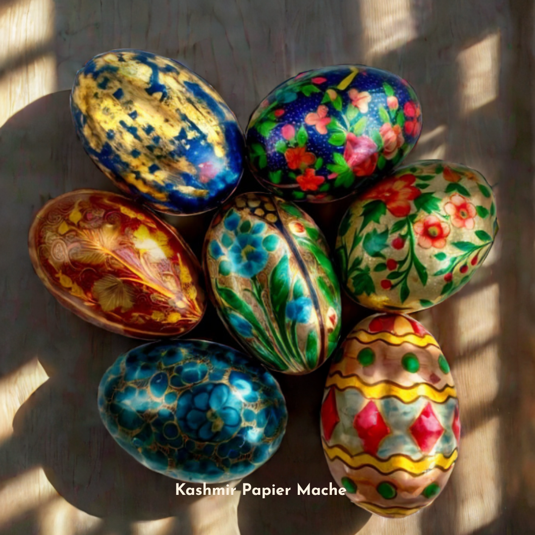 Handcrafted Kashmiri papier-mâché Easter eggs, intricately painted with traditional motifs and vibrant colors. A unique blend of heritage and artistry, perfect for adding cultural charm to your festive decor.