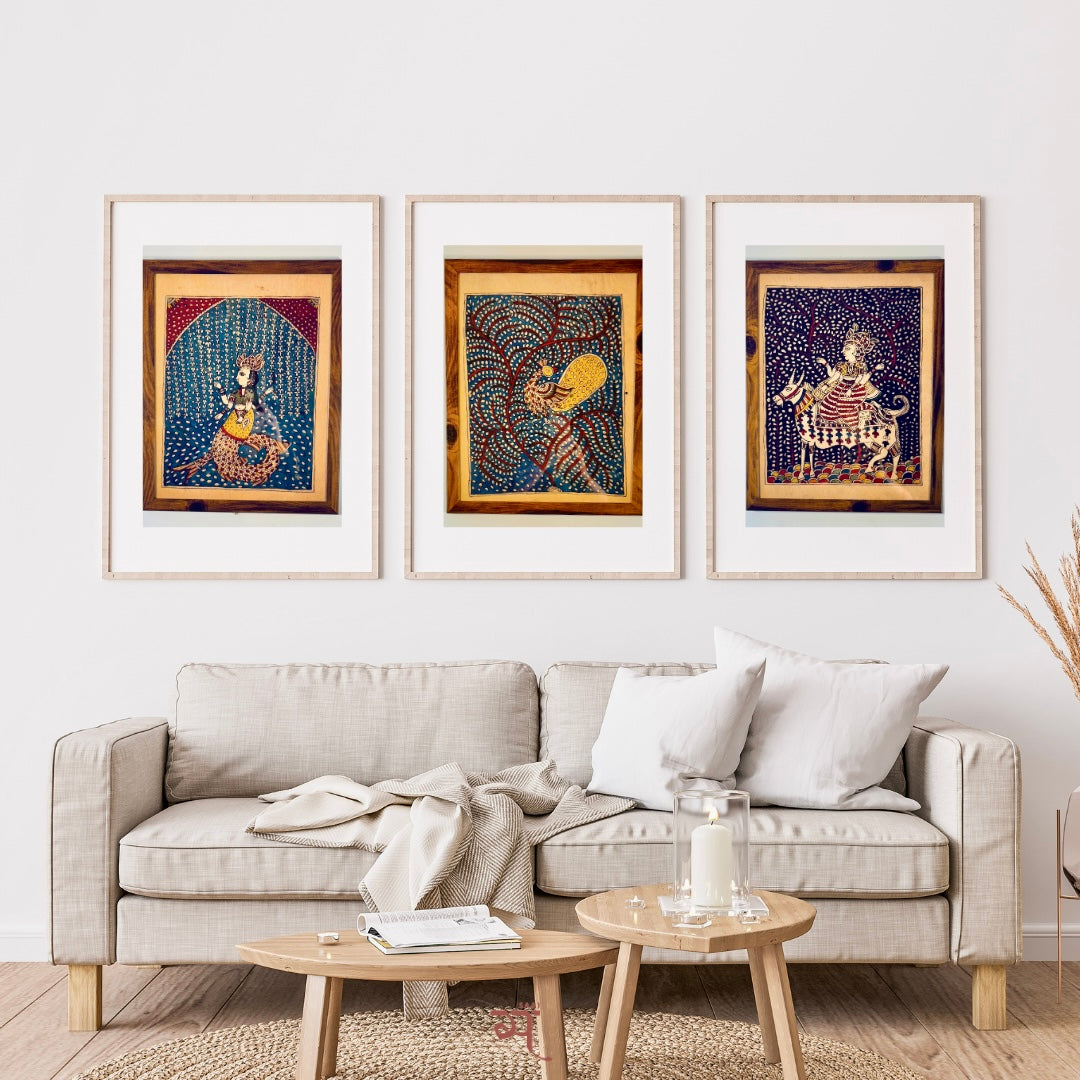 Traditional Gujarati Mata ni Pachhedi wall hanging 	showcasing divine figures and spiritual elements, hand-painted on fabric for a cultural touch